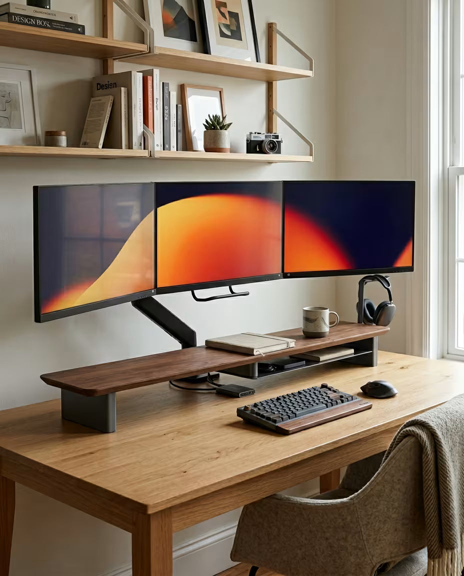 Alberenz® Orzechowy drewniany podwyższacz pod monitor – 2 monitory