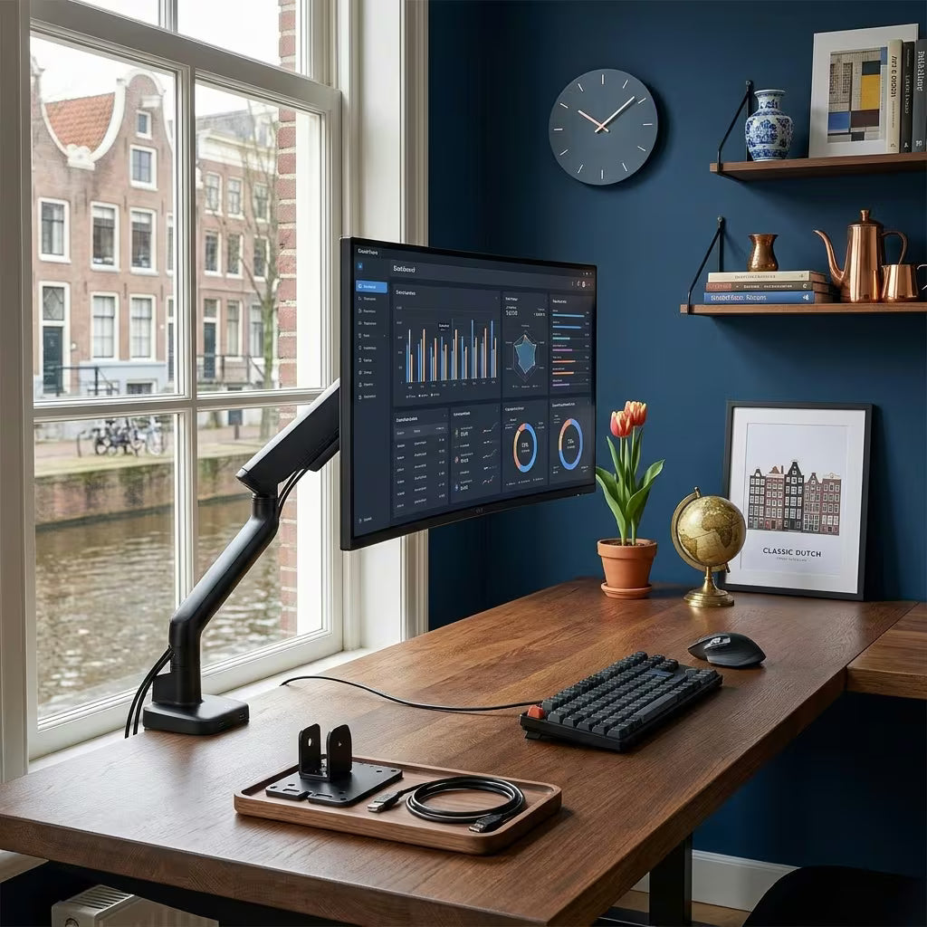 Alberenz single monitor arm gas spring - Up until 40 inch - with USB - Black