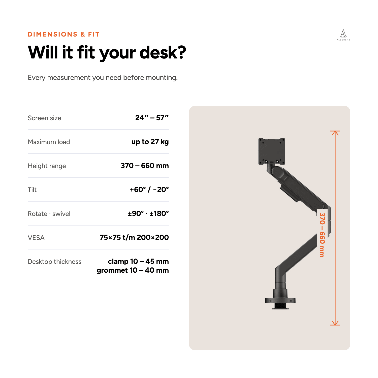 Dimensions of the Alberenz Heavy Duty monitor arm: 370 to 660 mm height and VESA up to 200x200