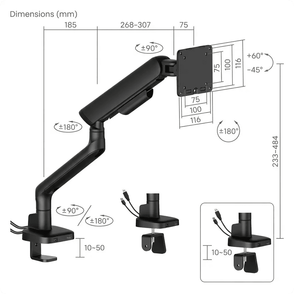 Alberenz eenzegen Monitorarm Gasfeder - Bis zu 40 Zoll - mat USB - Schwaarz